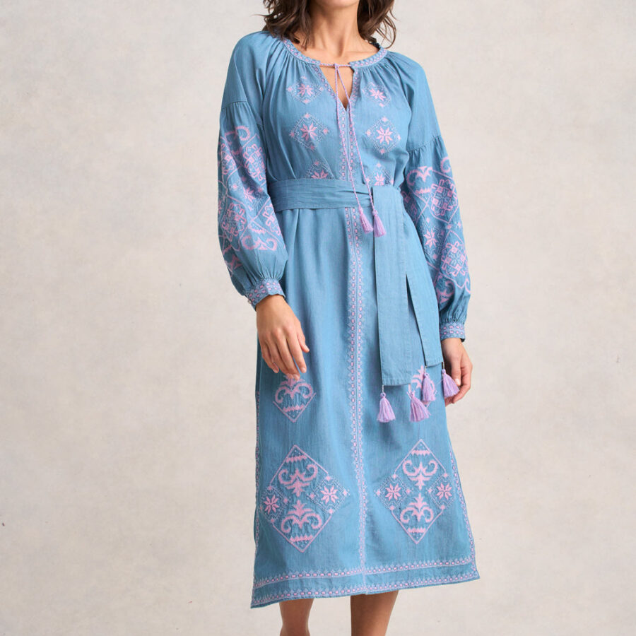 Embroidered Folk Dress - Mid Denim Blue