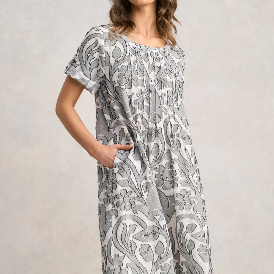 Cotton Pleat Front Dress - Paisley Jacquard