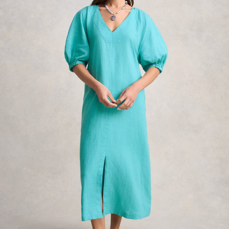 Raglan Sleeve Linen Dress - Aqua Blue