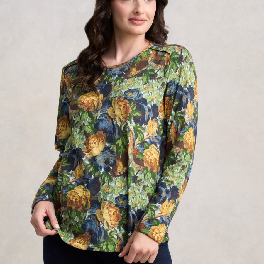 Long Sleeve Button Detail T-Shirt - Peony Print